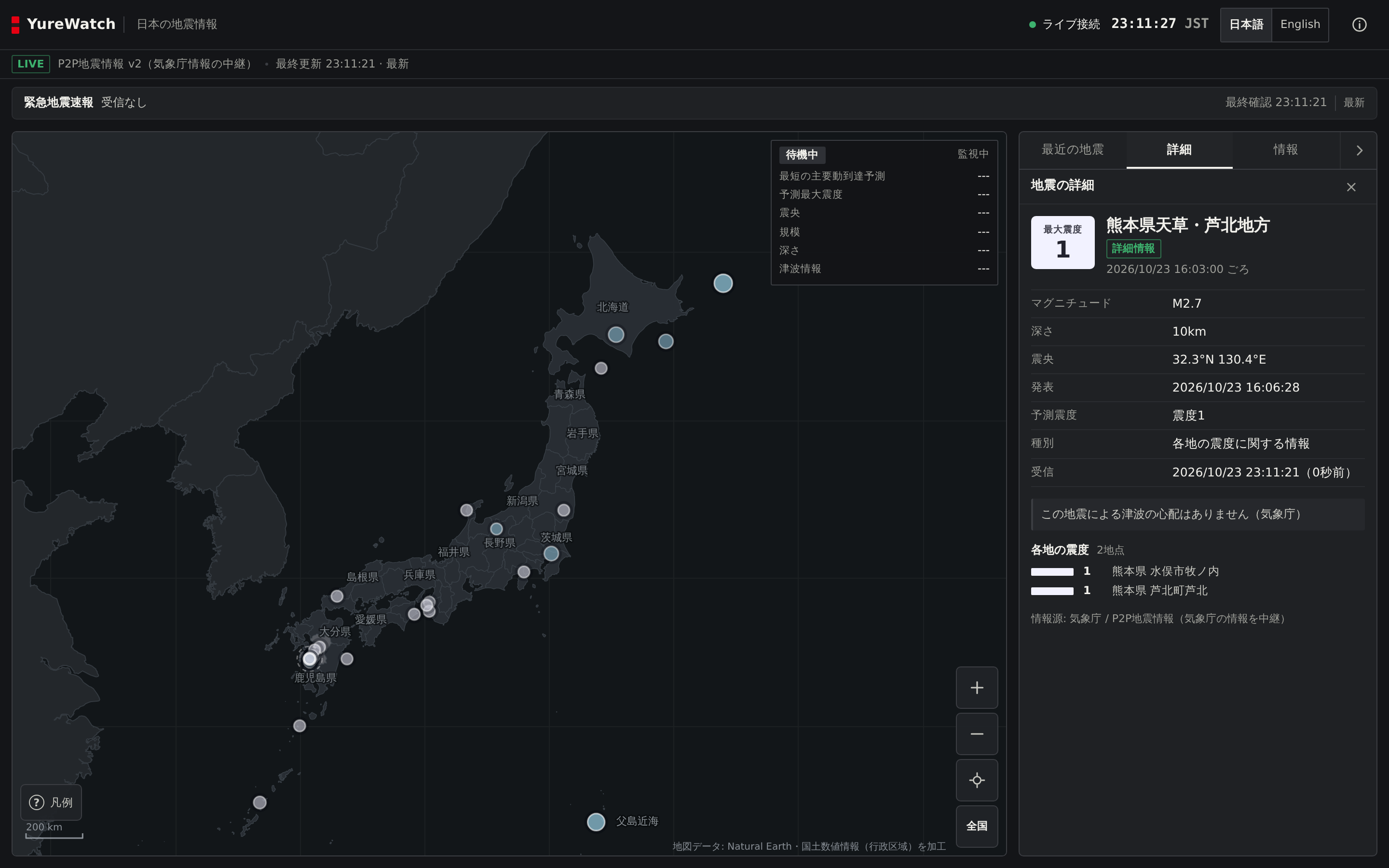 YureWatch desktop view: event detail panel showing origin time, issue time, receive time, depth and magnitude