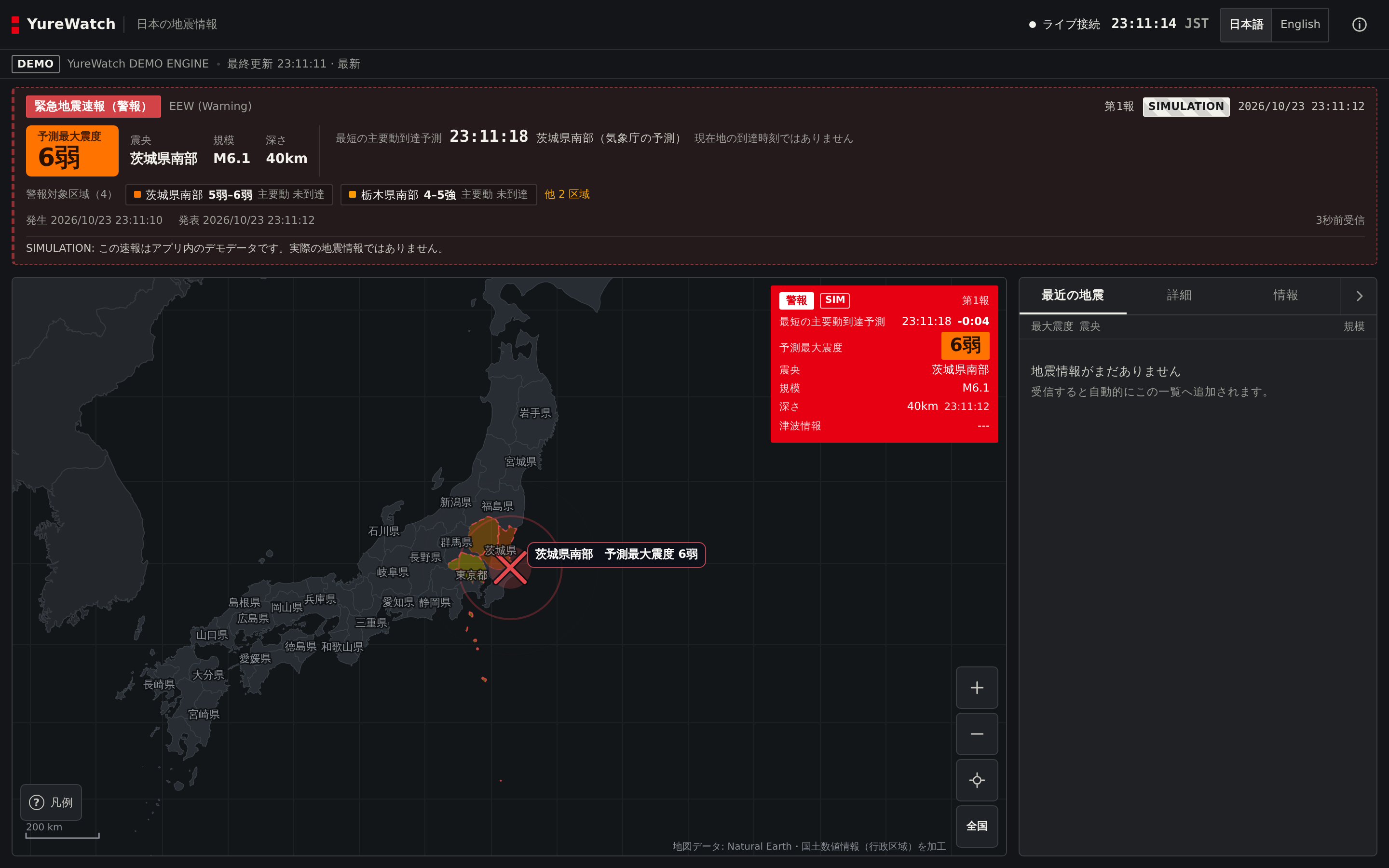 YureWatch desktop view showing an Earthquake Early Warning banner from a simulated demo scenario, with predicted intensity and warning areas